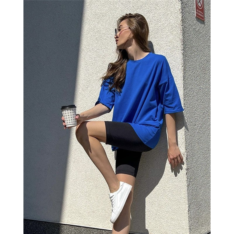 Casual Loose Fit Crewneck Short Sleeve Cotton T-Shirt in Solid Color