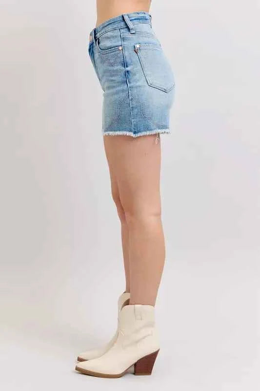 Judy Blue Full Size High Waist Western Embroidery Detail Cut Off Denim Shorts Plus Size