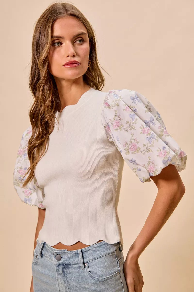 White Floral Contrast Sleeve Scallop Sweater Top by SO ME