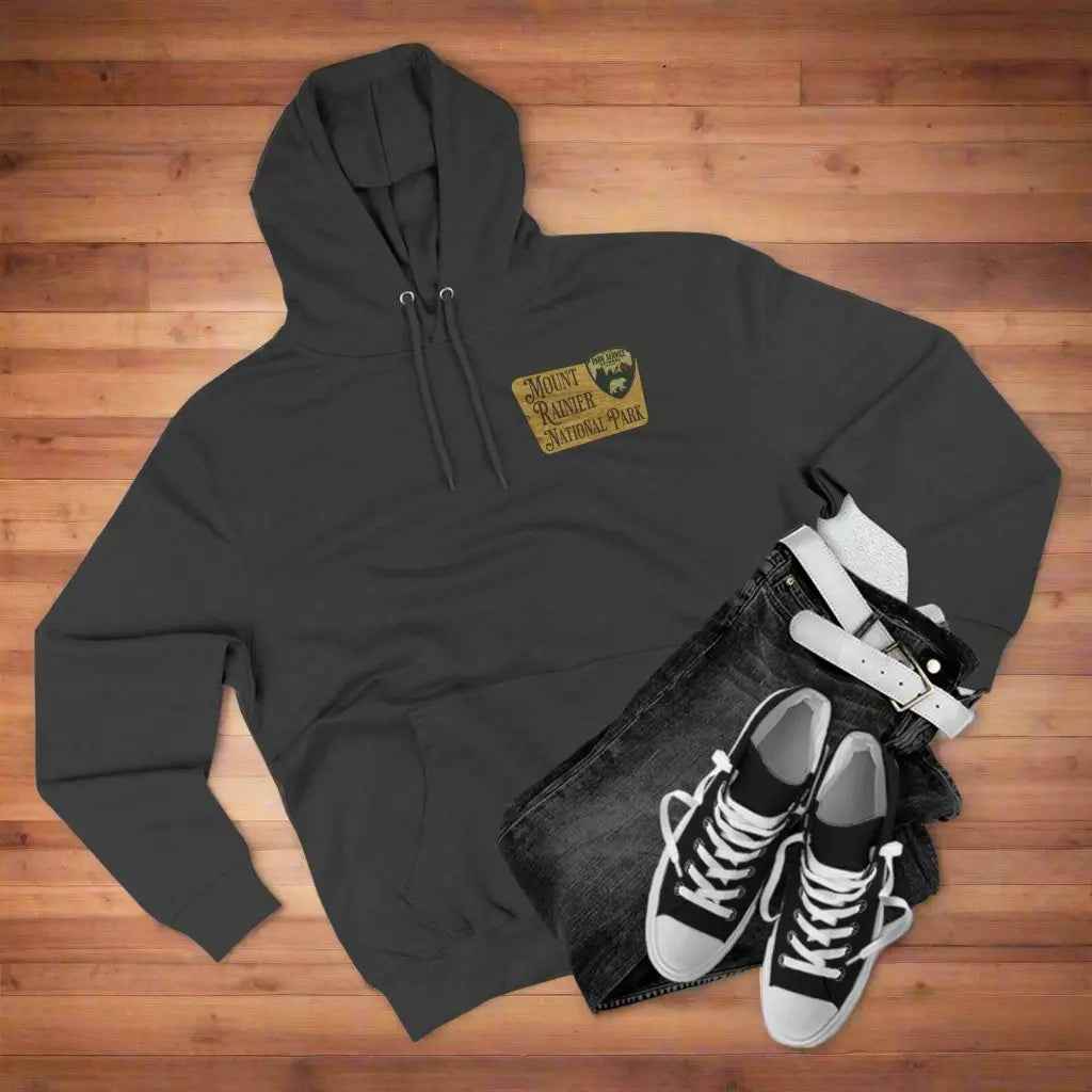 Mount Rainier National Park Fleece Hoodie Unisex Fit Scenic Wooden Mountain Sign