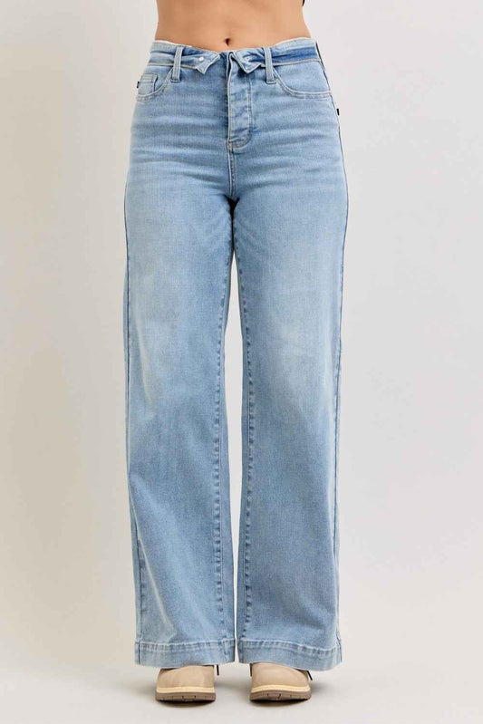 Judy Blue Mid Rise Retro Wide Leg Jeans with Fold-over Waistband