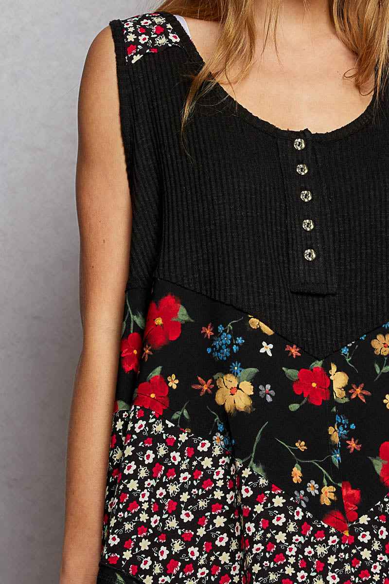 POL Round Neck Ribbed Tank with Woven Print Patch