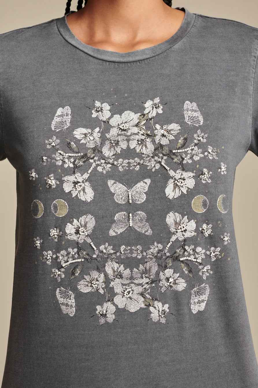 [7W86893-491] WOMENS LUCKY BRAND MIRROR FLORAL CLASSIC CREW - DRESS BLUES