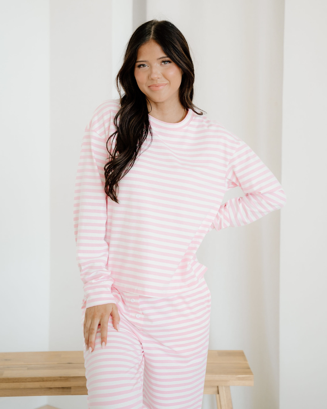 Thea Stripe Drop Shoulder Round Neck Top and Buttoned Straight Pants Two Piece Set