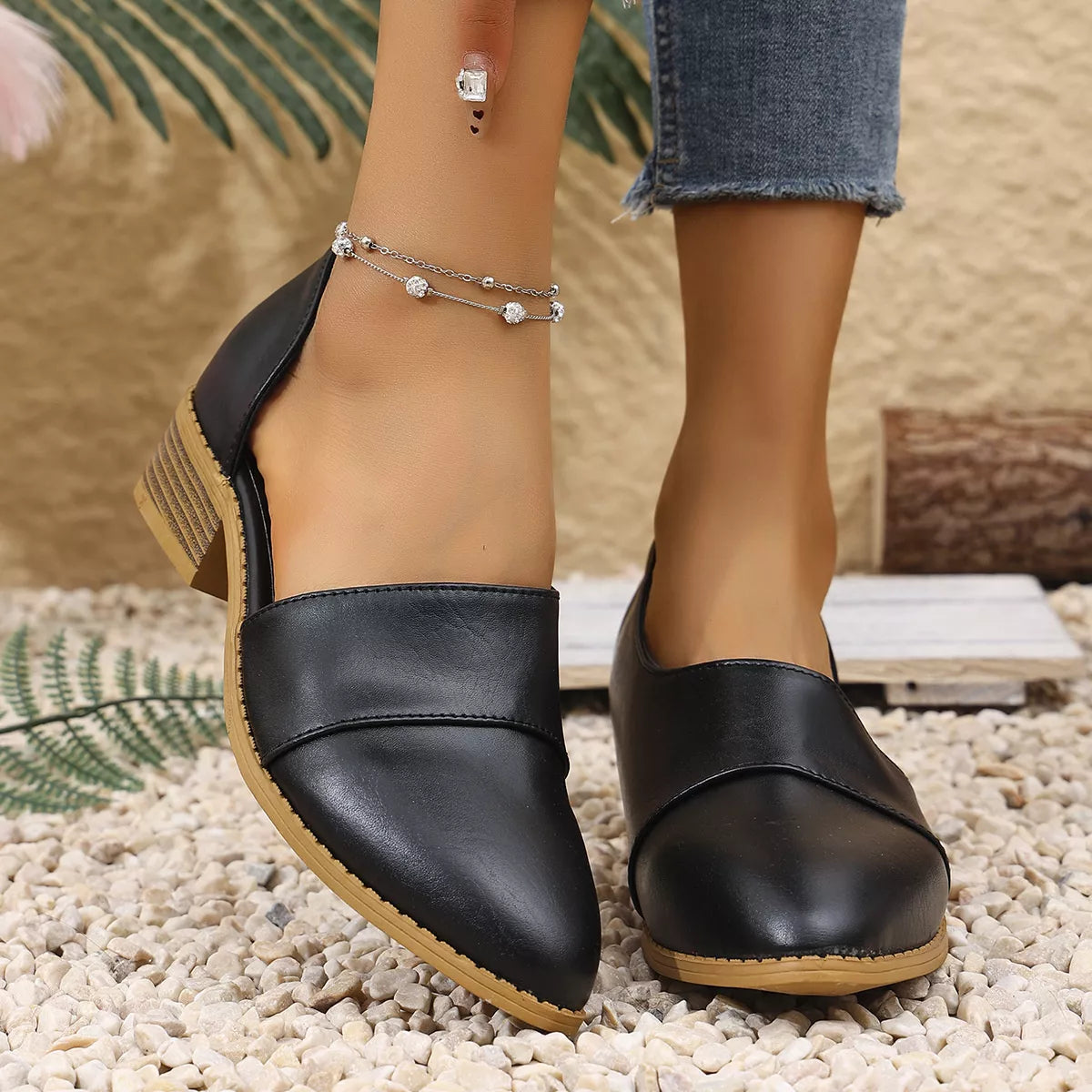 Point Toe Block Heels Loafers PU Leather Low Heel Shoes
