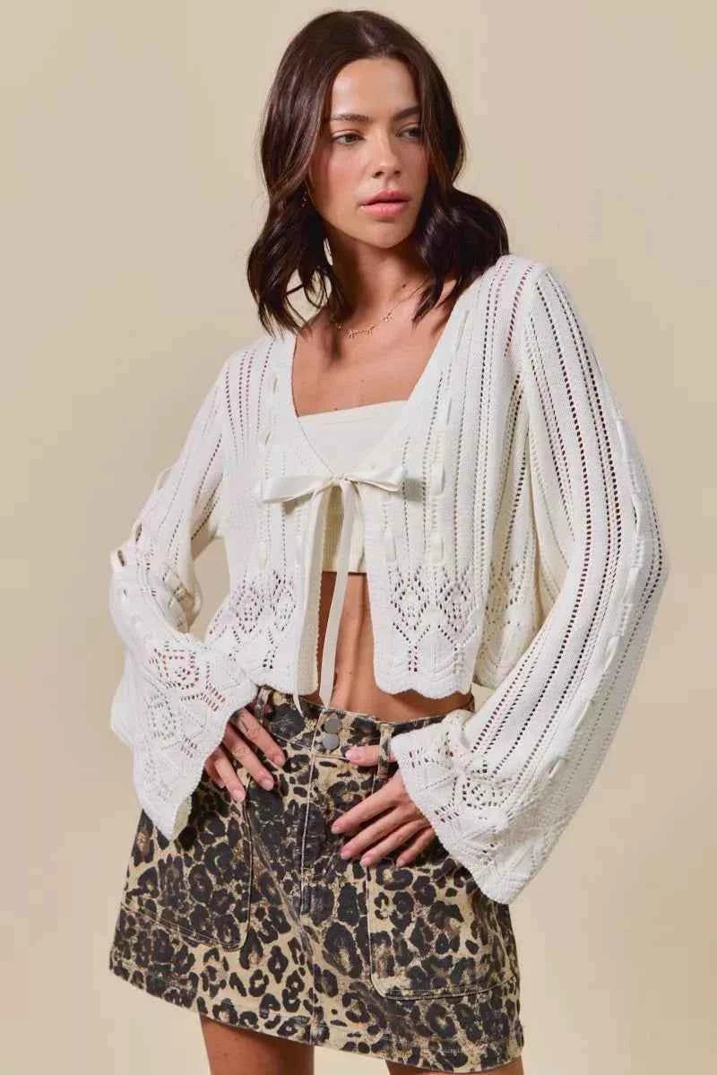 Off White Textured Sweater Open Front Ribbon Tie Cardigan by So Me