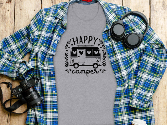 Happy Camper Campervan Love Hearts Outdoor Trip Design T-Shirt