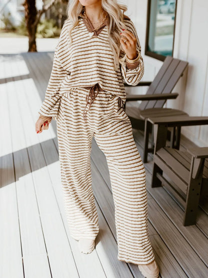 Stripe Collared Top and Drawstring Pant Loungewear Set