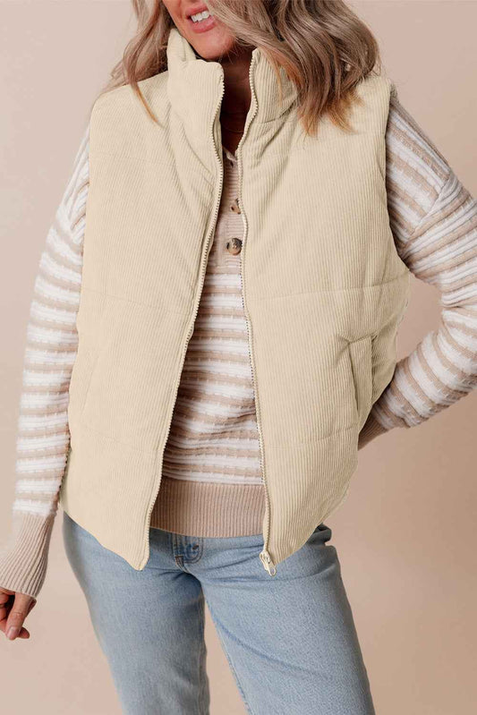 Scottie Solid Color Corduroy Puffer Vest Coat - Beige