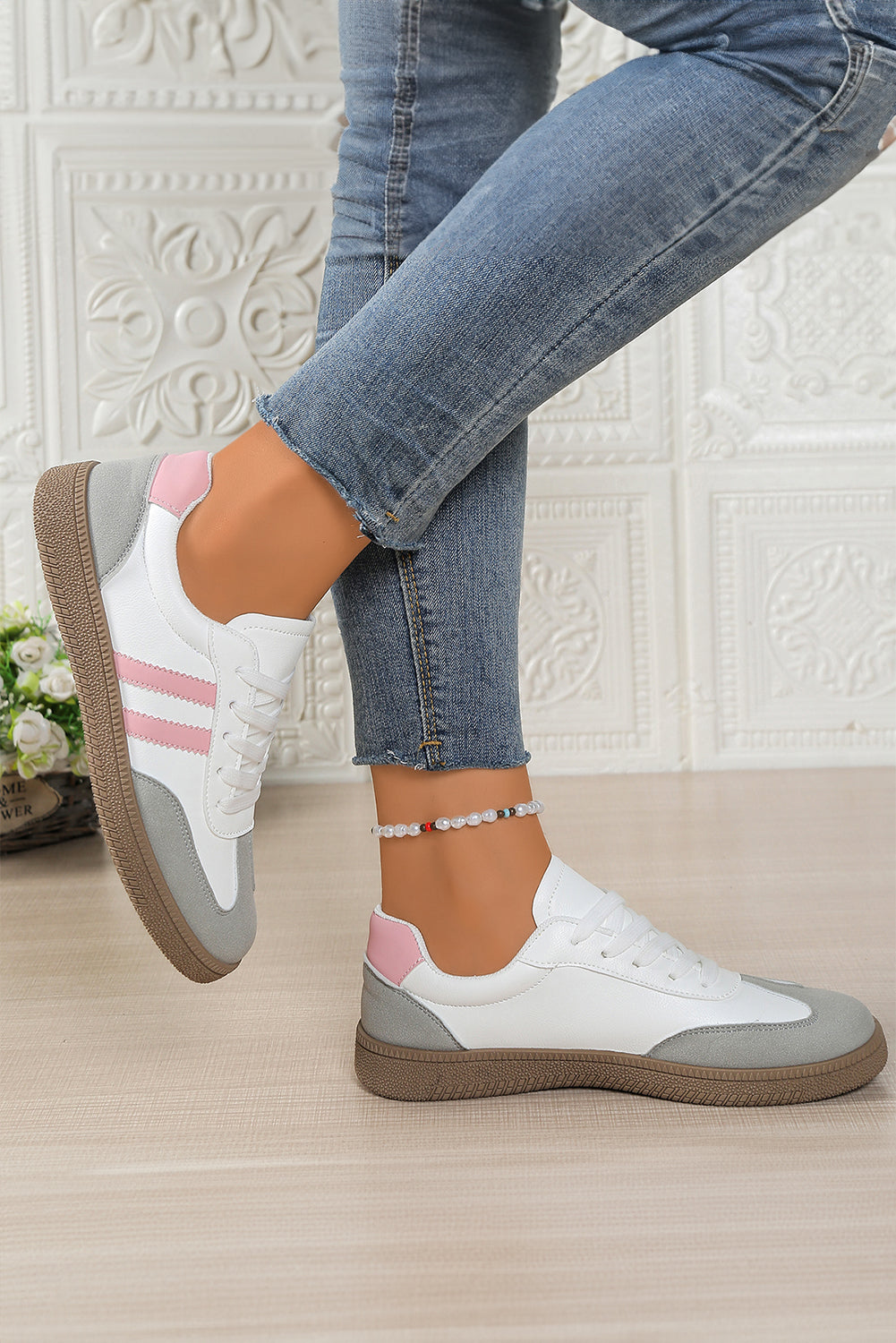 Pink Striped Patchwork Lace Up Sneakers PU Leather