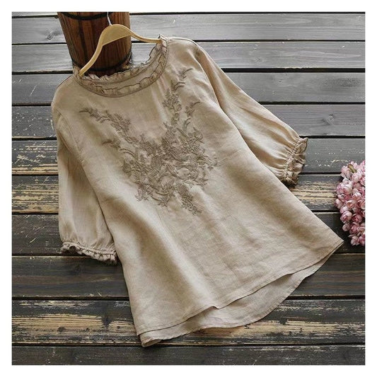 Sure! How about "Linen and Cotton Embroidered Short-Sleeve Blouse"?