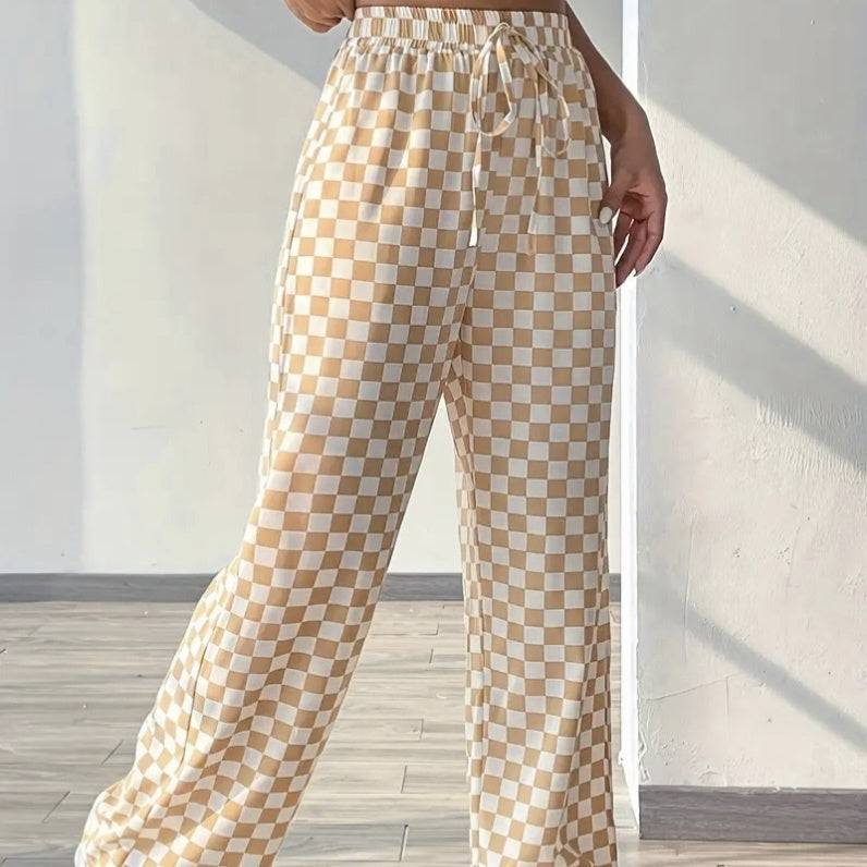 Checkerboard High-Waisted Wide Leg Pants