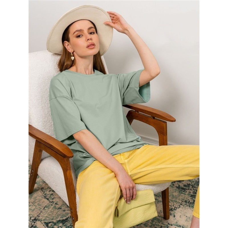 Casual Loose Fit Crewneck Short Sleeve Cotton T-Shirt in Solid Color