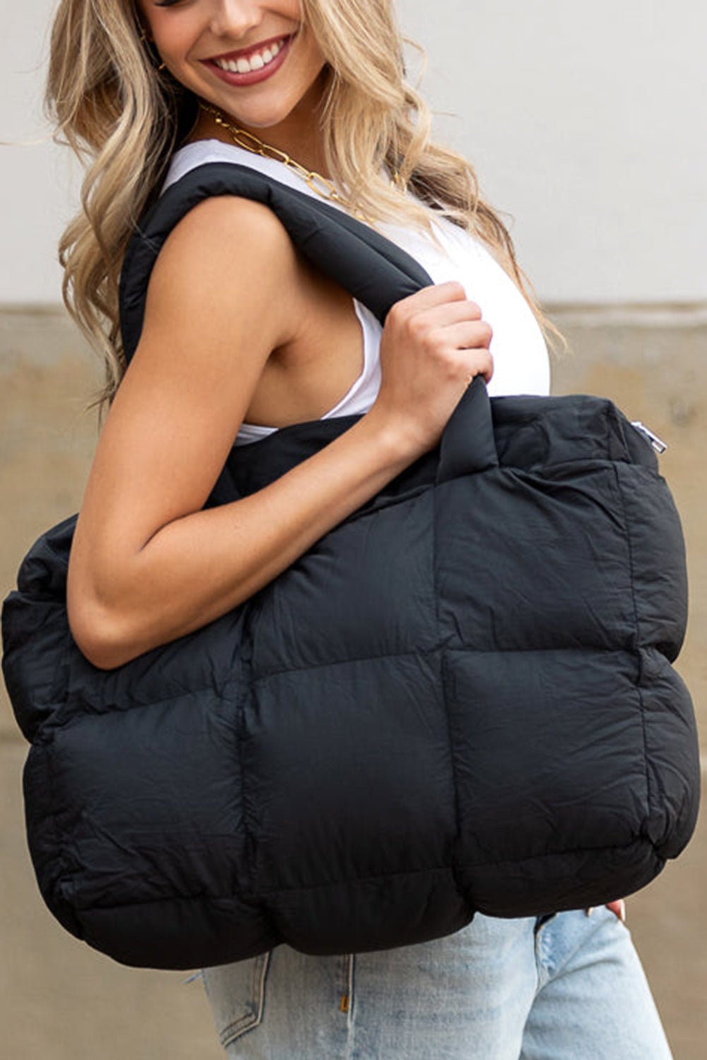 Cinnamon Solid Quilted Puffy Large Tote Bag With Zipper