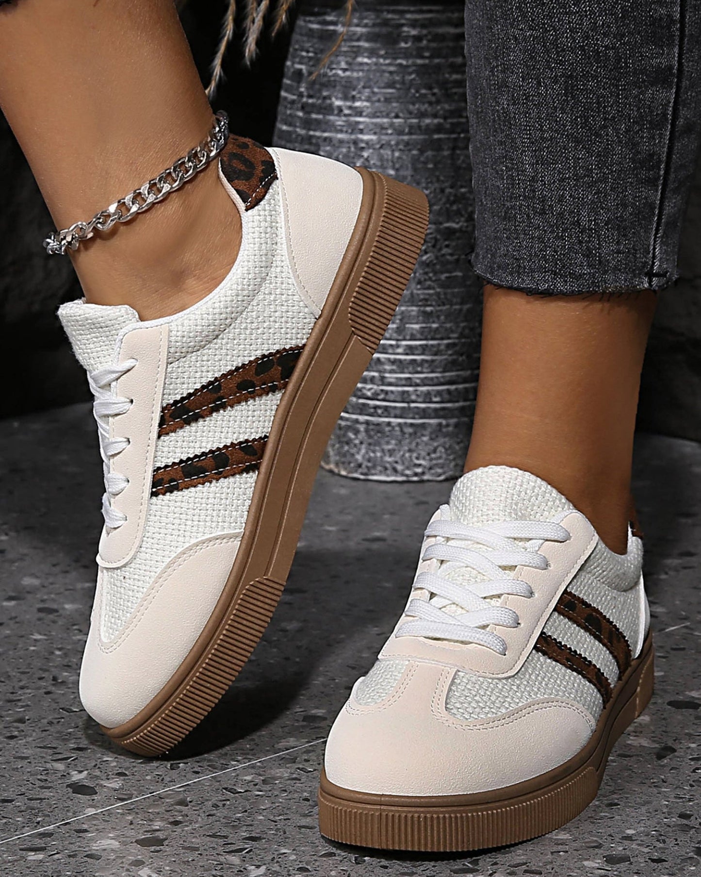 Kamari Textured Woven Leopard Patchwork Flat Sneakers