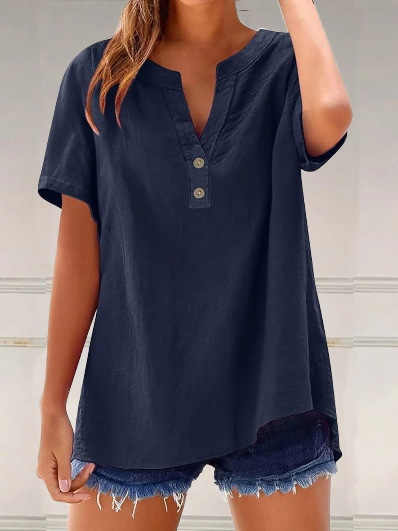 Full Size Notched Short Sleeve Blouse Plus Size