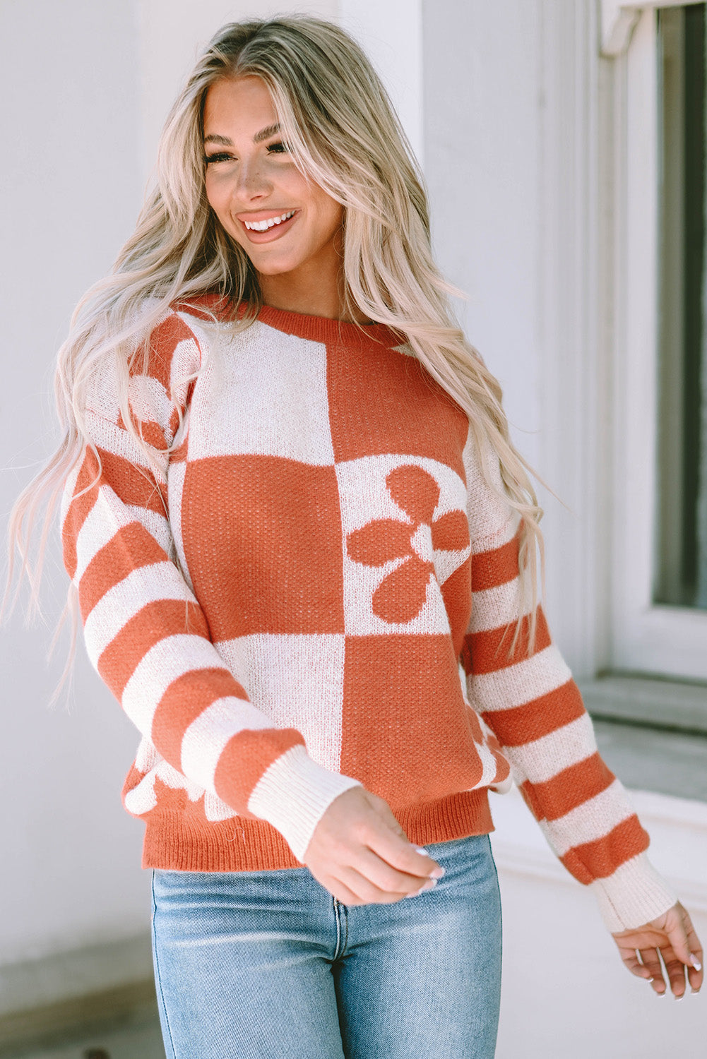 Checkered Floral Striped Sleeve Sweater