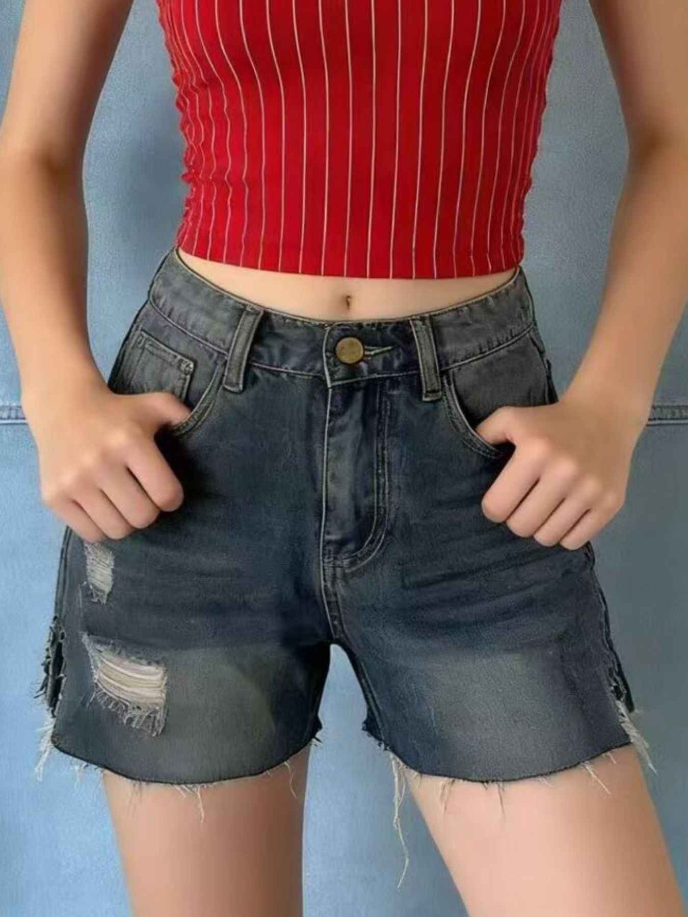 Distressed Slit Denim Shorts