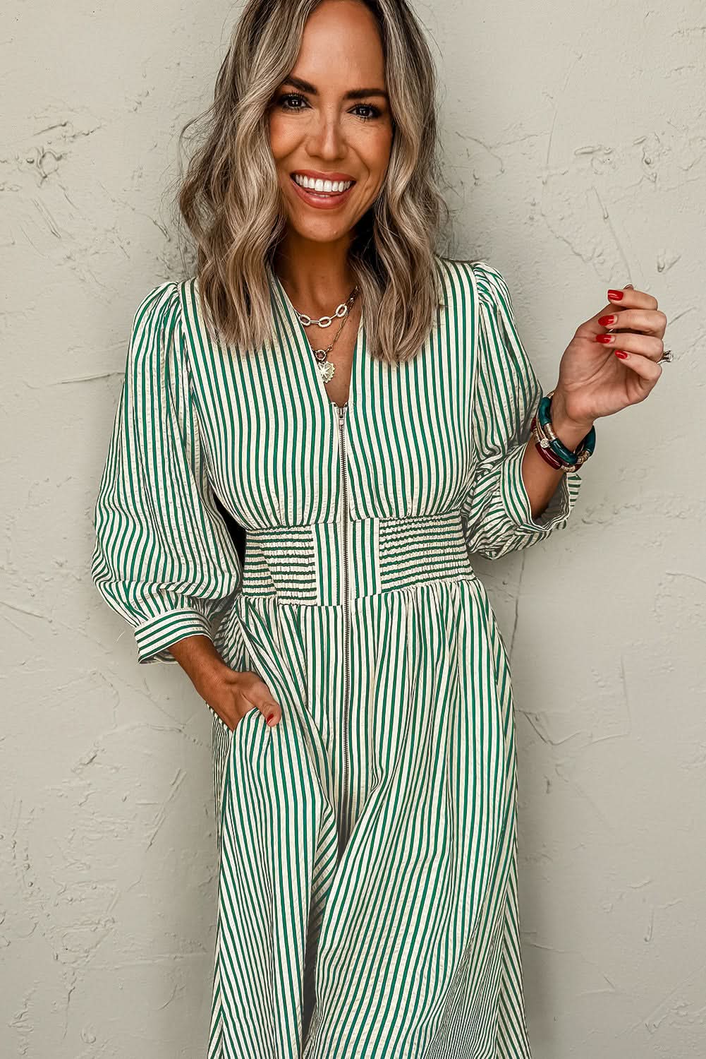 Green Striped V Neck Zip Front Midi Dress Cinched Waist
