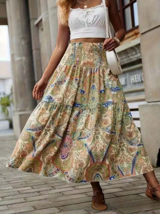 Smocked High Waist Maxi Boho Skirt – Printed Flowy Summer Skirt