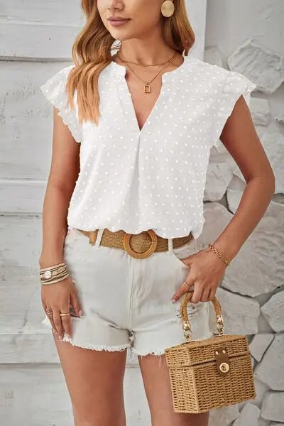 Swiss Dot Ruffled Cap Sleeve T-Shirt