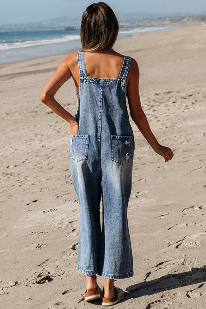 Baylor Distressed Bib Pocket Wide Leg Denim Overall