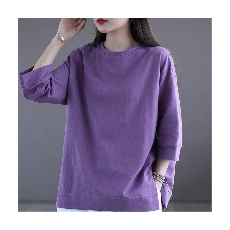 Solid Color Slim Fit Cotton 7/8 Sleeve T-Shirt