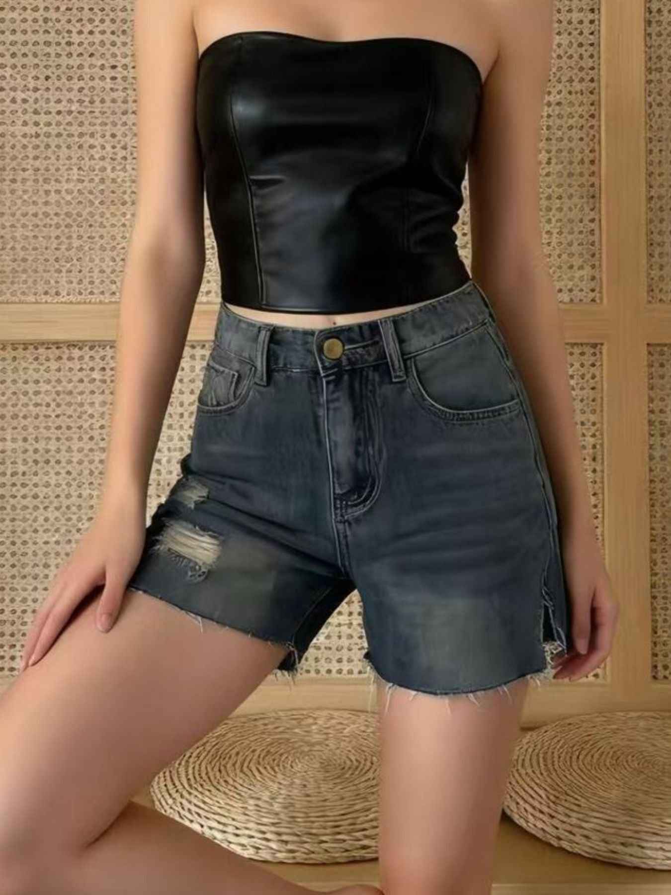 Distressed Slit Denim Shorts