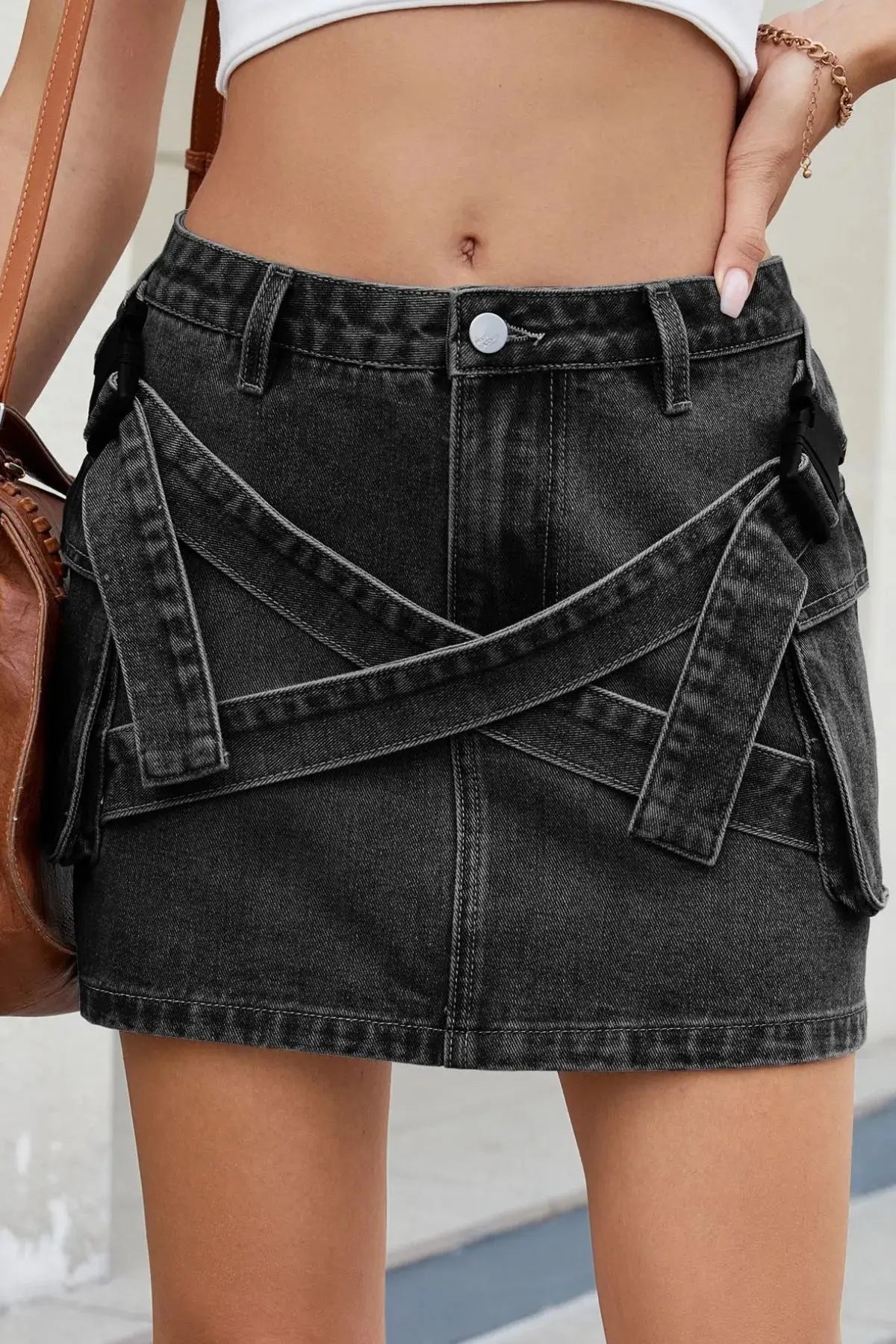 Criss-Cross Waist Pocketed Denim Mini Skirt