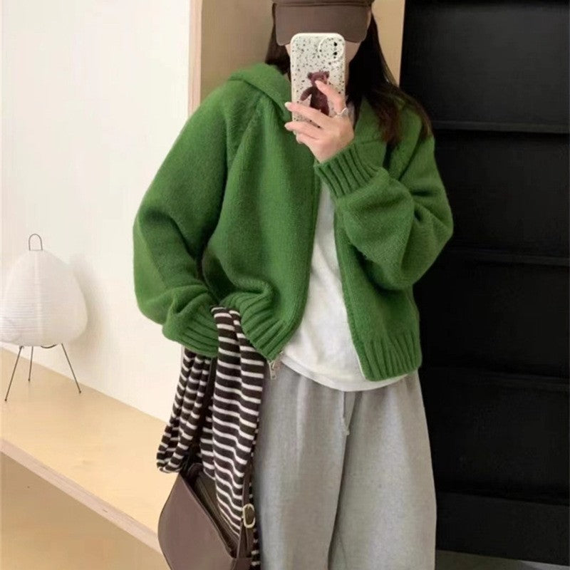 Solid Color Long Sleeve Hooded Zipper Knitted Cardigan Sweater
