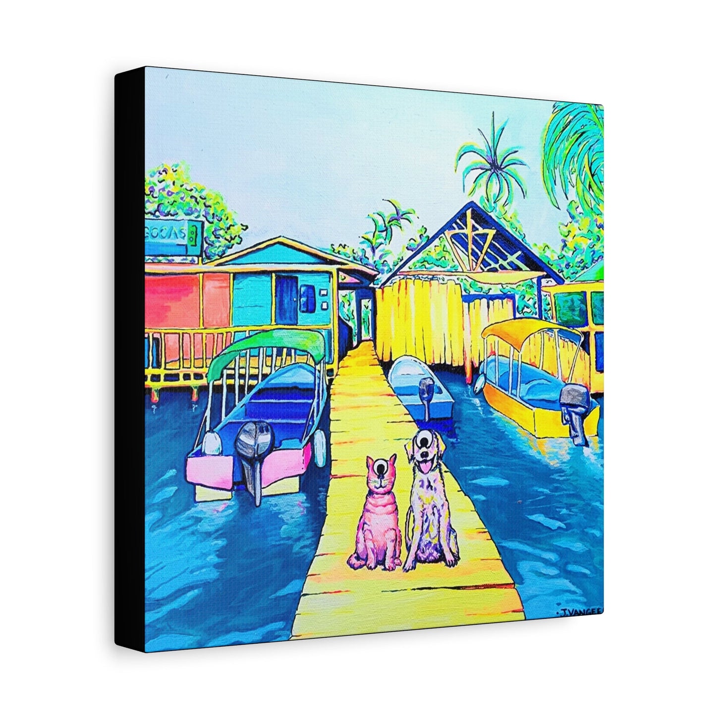 Cyclops Cat and Dog in Bocas Original Canvas Art Print, Gift, Unique Wall Decor