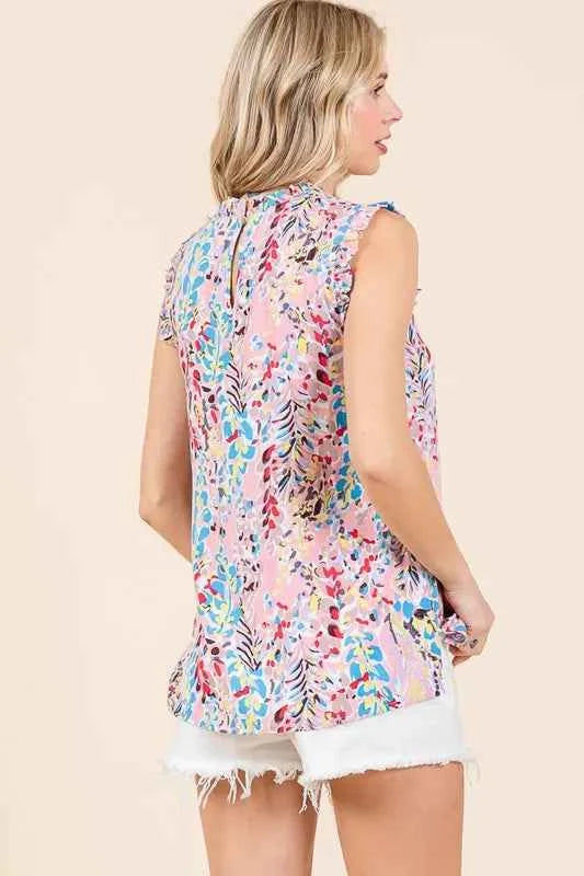 Lime 'N' Chili Full Size Graphic Print Ruffle Trim Mock Neck Sleeveless Top Plus Size