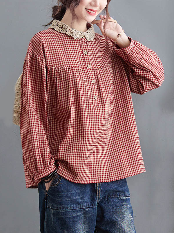 Plaid Ramie Cotton Plus Szie Long Sleeve Shirts