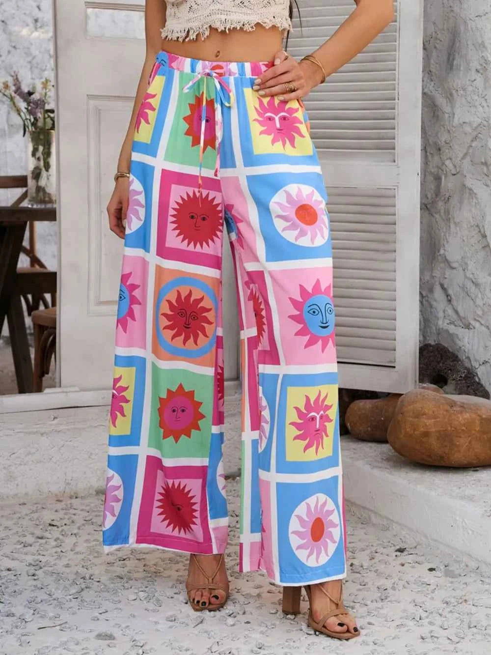 Devine Drawstring Printed Wide Leg Pants