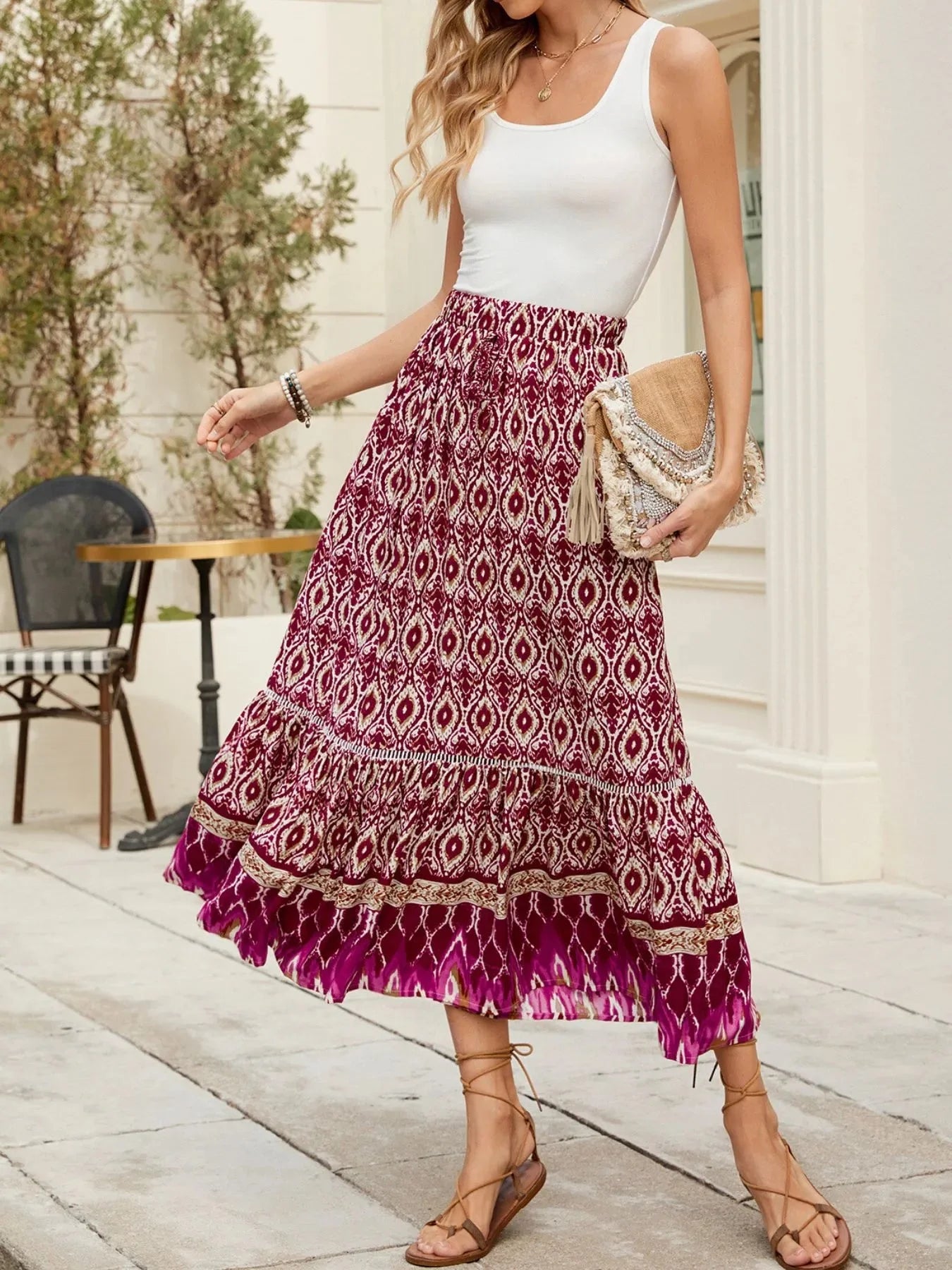 Printed Ruched Bohemian Maxi Skirt