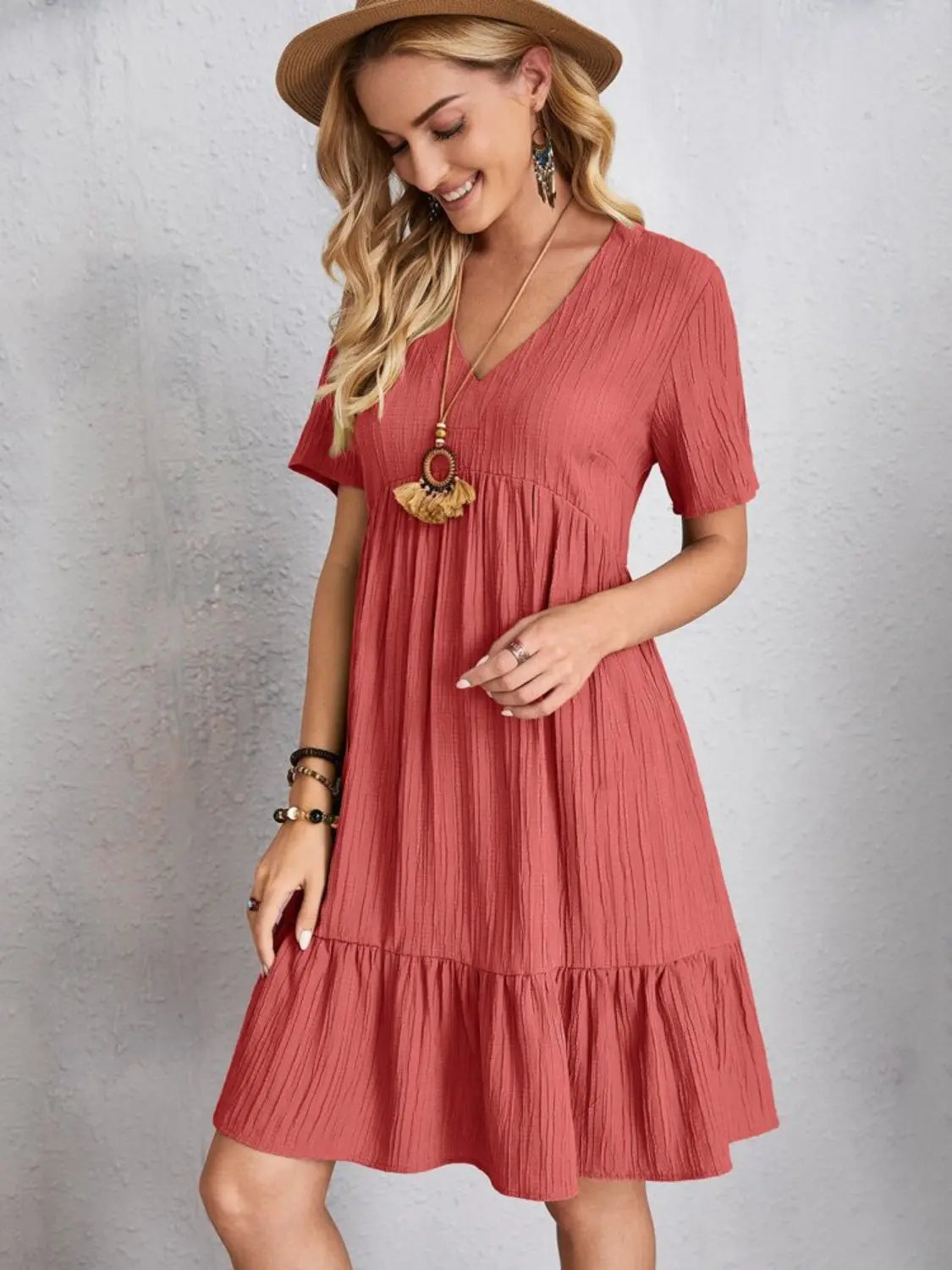 Boho Textured V-Neck Short Sleeve Babydoll Dress