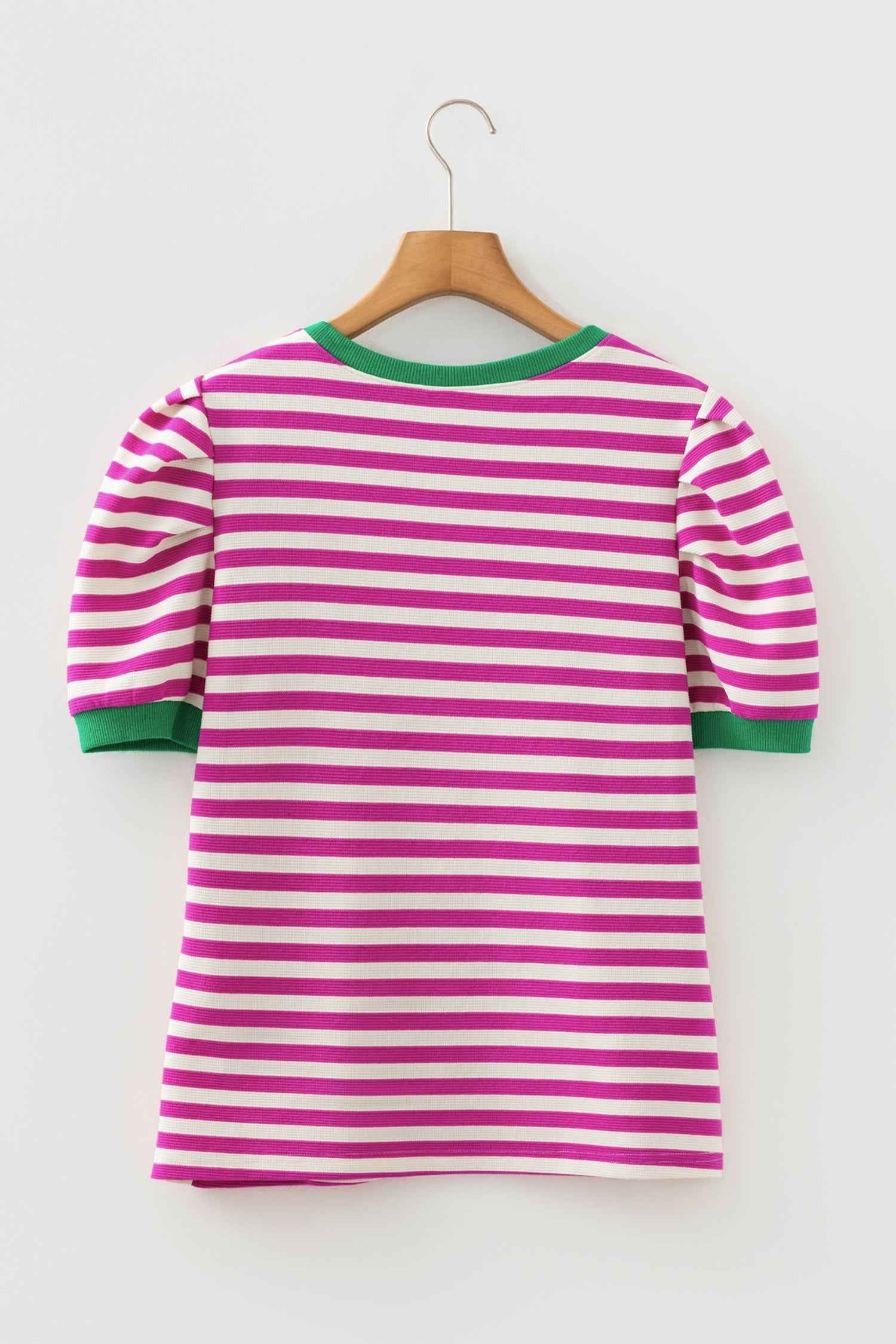 Kimberly Stripe Short Puff Sleeve Contrast Trim Round Neck Tee