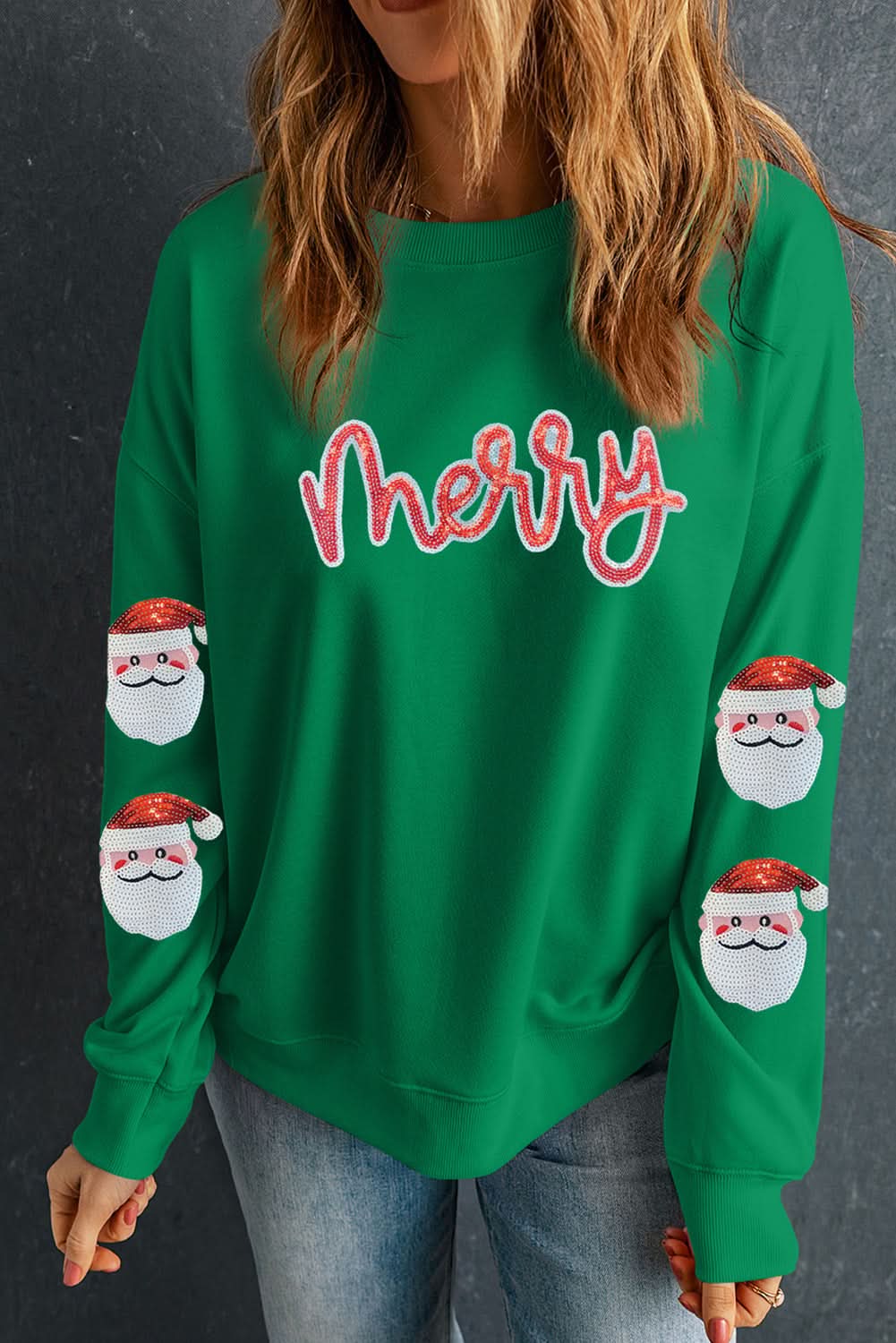 Dark Green Sequin Letter Graphic Father Christmas Patched Sleeve Sweatshirt