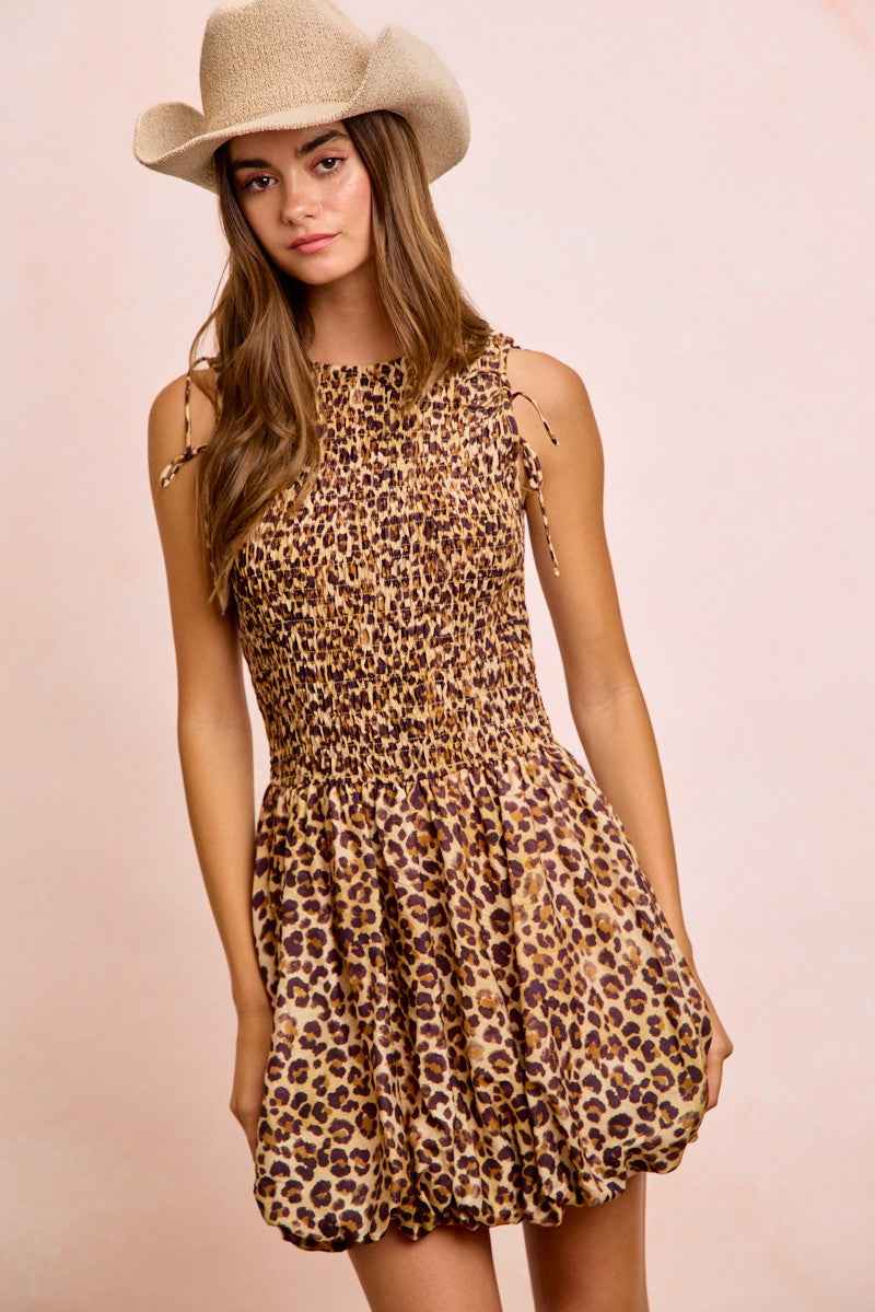 Leopard Bow Tie Puff Sleeve Dress with Detachable Sleeves by BiBi