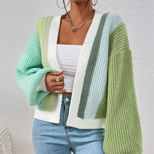 Casual Color Block Short Cardigan Without Buttons