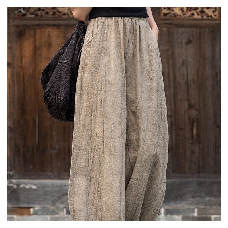 Solid Color Cotton and Linen Lantern Trousers