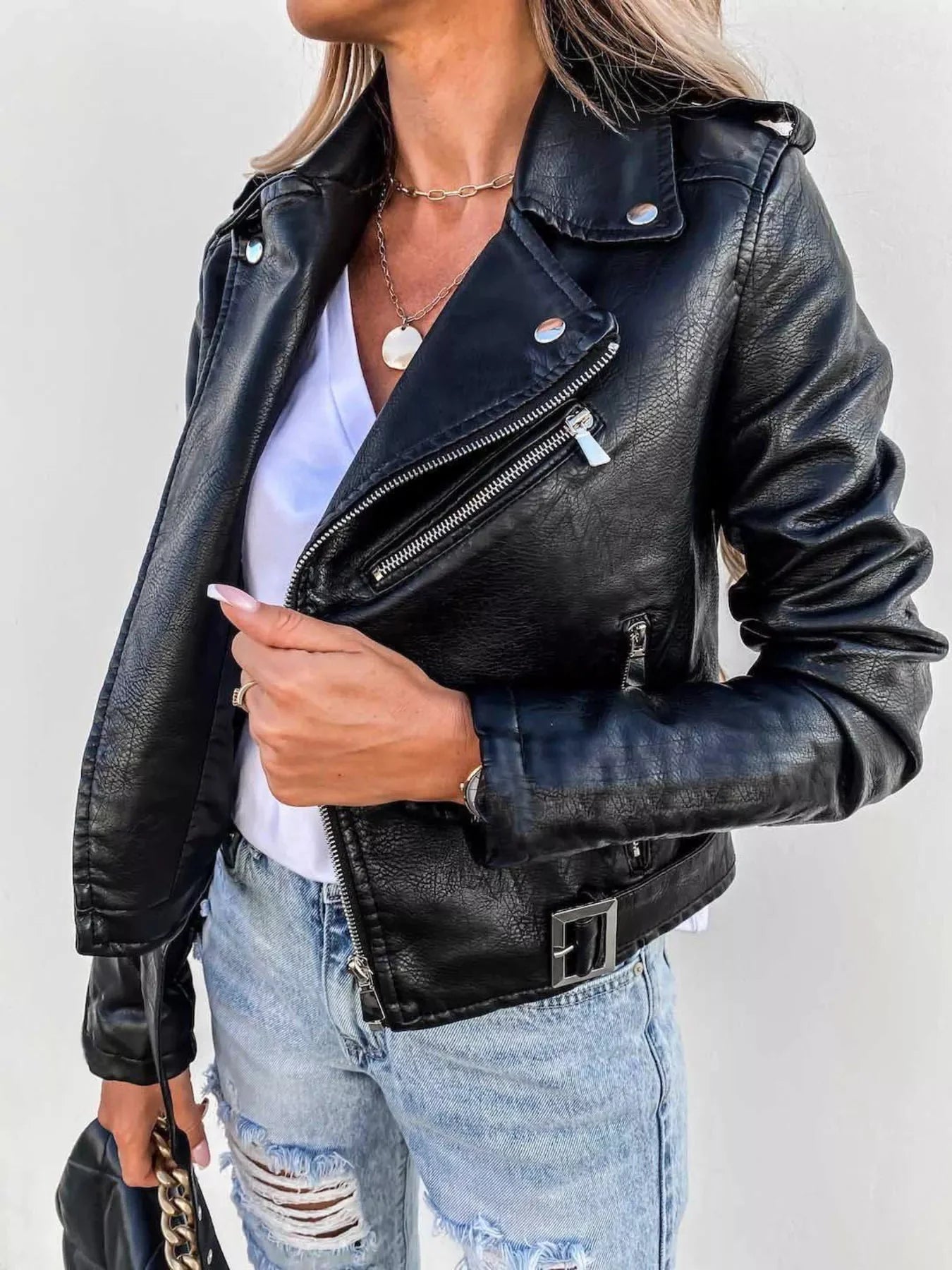Plus Size Zip Up Motorcycle Biker Faux Leather Jacket