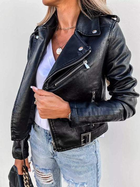 Plus Size Zip Up Motorcycle Biker Faux Leather Jacket