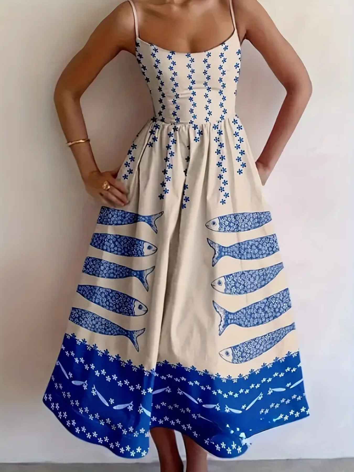 Sardine Print Spaghetti Strap Midi Dress