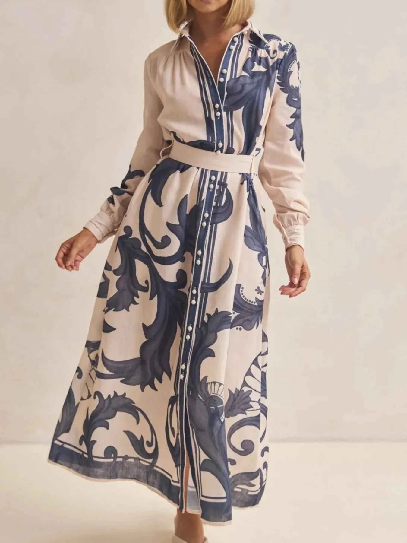 Printed Button Down Belted Shirt Dress