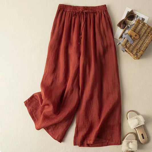 Breathable High-Waisted Linen and Cotton Cropped Pants