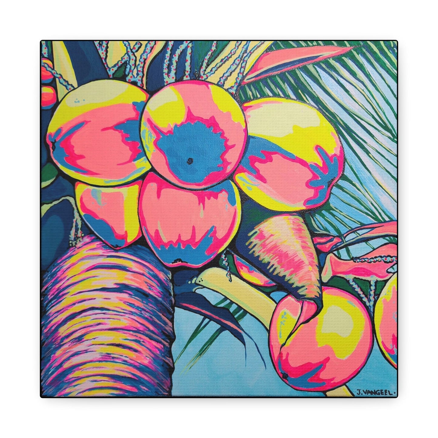 Neon Coconuts Canvas Print, Original Artist Design, Home Decor Wall Art