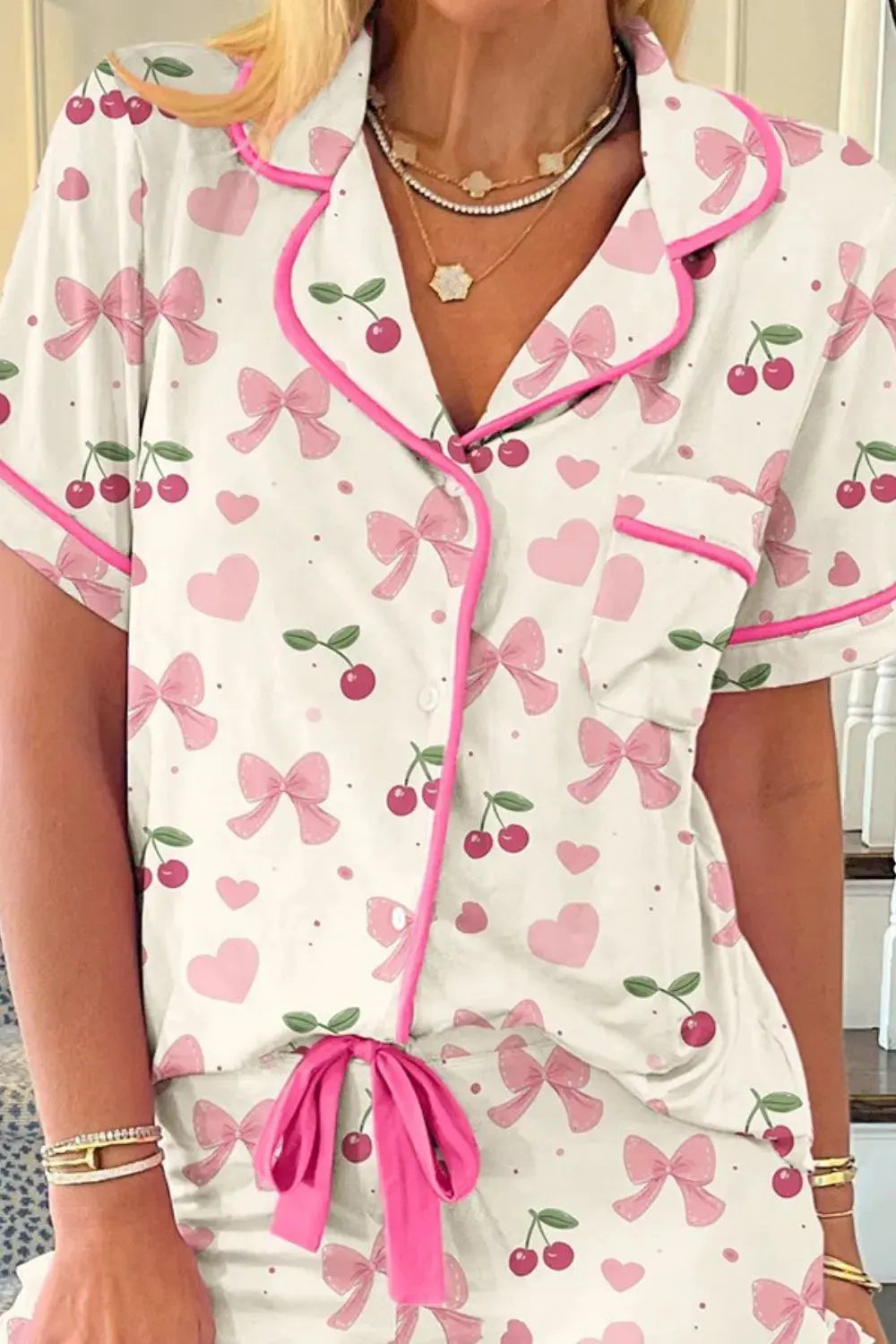 Cherry Bow Print Button Up Womens Loungewear Set