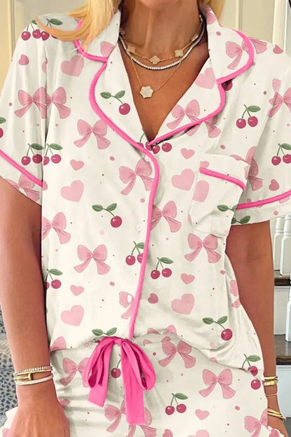 Cherry Bow Print Button Up Womens Loungewear Set