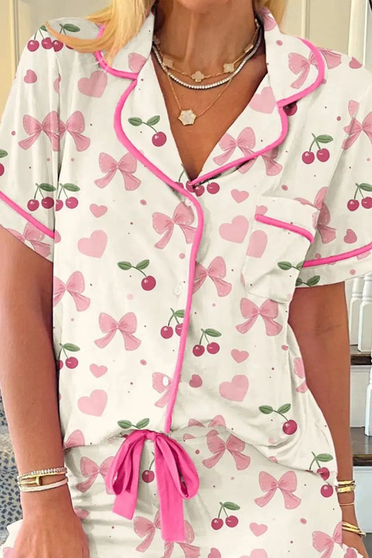 Cherry Bow Print Button Up Womens Loungewear Set